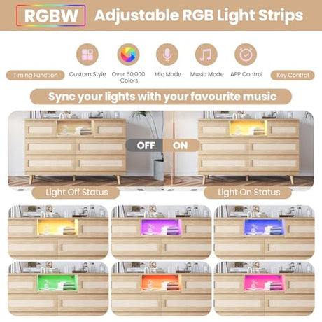 GarveeHome Natural Rattan Dresser for Bedroom with LED Light and Charging Station, 6 Drawer Double Dressers, Modern Wooden Dresser Chest, Beside Table for Closet, Nursery, Living Room, Natural GarveeHome