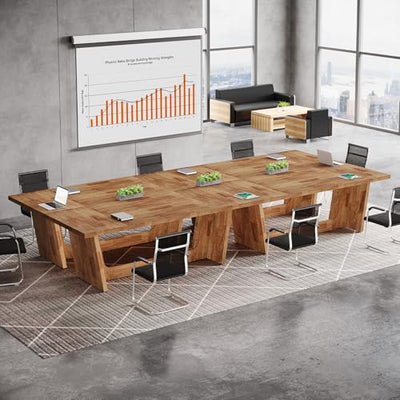 Tribesigns 14-16 People Conference Table, 12 FT Large Rectangular Meeting Seminar Table, Modern Solid Executive Office Business Furniture Boardroom Desk for Office (Set of 4, Light Brown)
