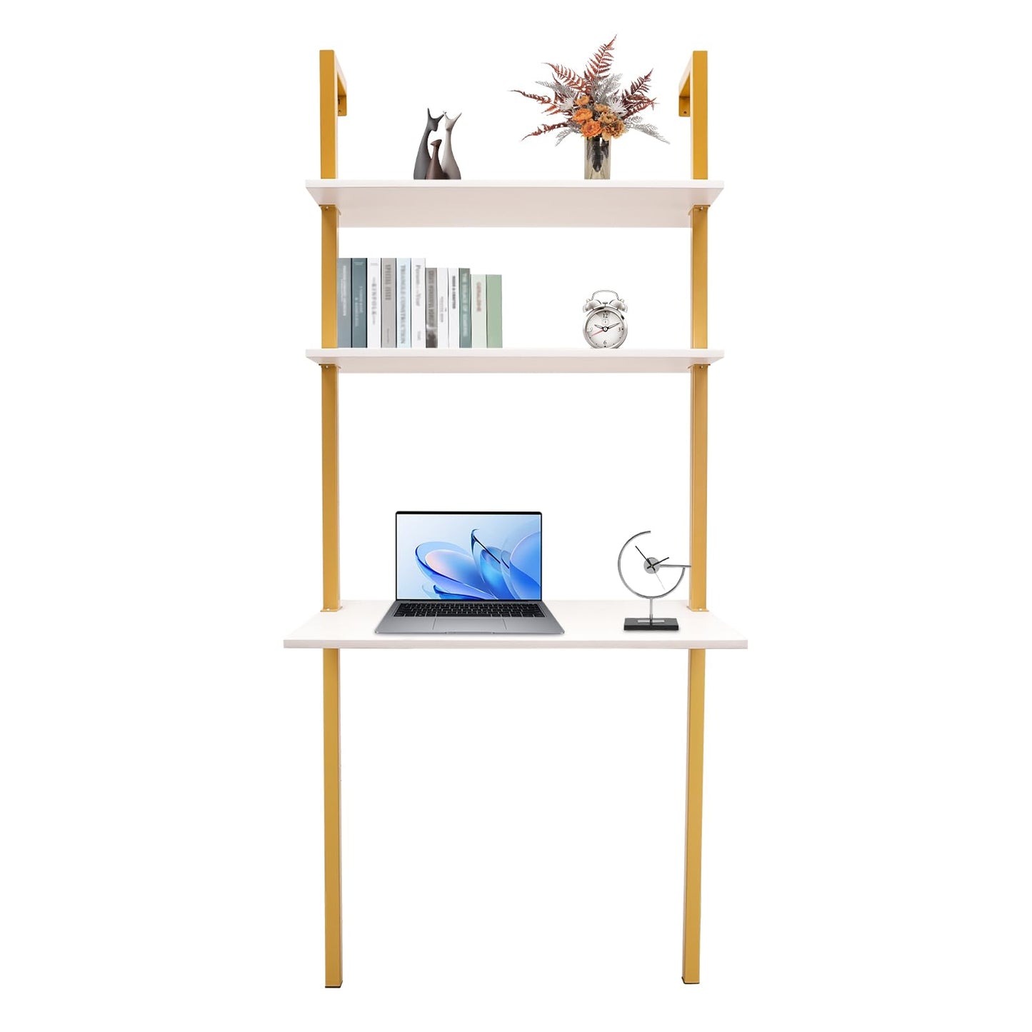 QIUTMER Wall Mount Desk 3 Tiers Wall Table Wall Mount Computer Writing Table Industrial Bookcase Desk Gold and White for Homes Office School - WoodArtSupply