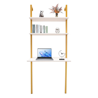 QIUTMER Wall Mount Desk 3 Tiers Wall Table Wall Mount Computer Writing Table Industrial Bookcase Desk Gold and White for Homes Office School