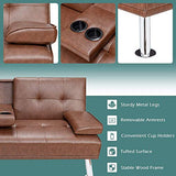 ARLIME Convertible Futon Sofa Bed, Faux Leather Sofa Sleeper W/Adjustable Backrest, Folding Cup Holder, Removable Armrests, Steel Leg, Modern Style Sofa Bed for Livingroom, Office, Apartment (Brown) ARLIME