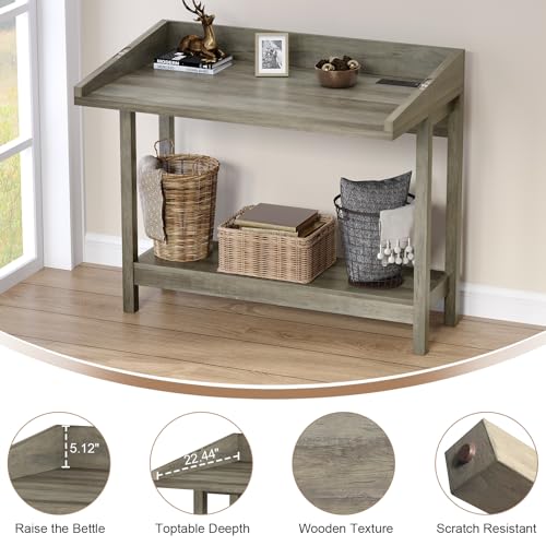 REDAYFUR Console Table with Charging Station, 38” Narrow Side Foldable Sofa Table with Shelves, Side Table with Charging, Entryway Table with Anti-Tip Design,Rustic,Rustic Gray REDAYFUR