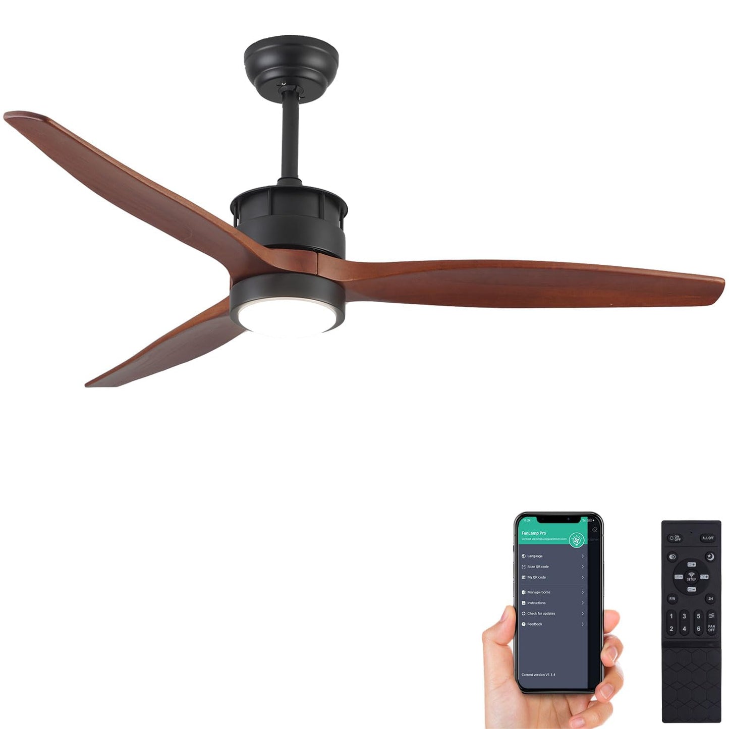 52 Inch Solid Wood Ceiling Fans with Lights Remote Control, Quiet DC Motor 3 Blade Dimmable Modern Indoor Outdoor Ceiling Fan for Living Room,Bedroom,Farmhouse,Office(Black+Solid Walnut Wood)