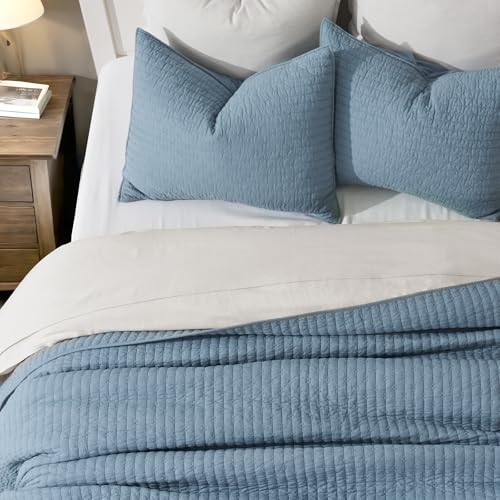 EVERGRACE x Kinsey Walsh Cross Stitch Pre-Washed Cotton Quilt Bedding Set Queen Size, Oversized 3 Pieces Lightweight Bedspread Coverlet for All Season, with 2 Matching Shams, Dusty Blue, 92"x96" EVERGRACEHOME