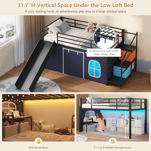 DICTAC Low Loft Bed with Slide,Storage Stairway and Led Lights Metal Twin Size Loft Bed with Under-Bed Play Space,Art Table & Play Curtain Twin Beds with 2 Drawers and 13.8''H Safety Guardrail,Black DICTAC