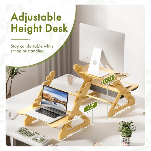 Amazer Standing Desk Converter, 22 inch Bamboo Small Sit Stand Up Desk Riser with Lap Desk Computer Desktop Desk Converter for Monitor and Laptop with Keyboard Tray Amazer