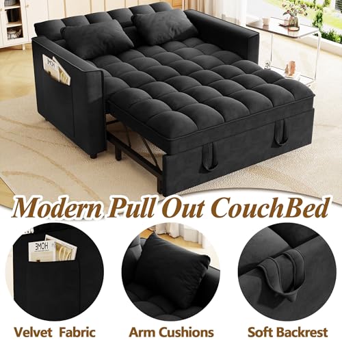 3 in 1 Convertible Sleeper Sofa Bed, 52'' Velvet Pull Out Couch Bed with Comfy Pillows & Adjustable Backrest/Side Pockets,Futon Loveseat Sleeper Sofa for Small Spaces Living Room Bedroom (Black) HRVEOCEI