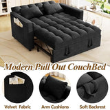 3 in 1 Convertible Sleeper Sofa Bed, 52'' Velvet Pull Out Couch Bed with Comfy Pillows & Adjustable Backrest/Side Pockets,Futon Loveseat Sleeper Sofa for Small Spaces Living Room Bedroom (Black) HRVEOCEI