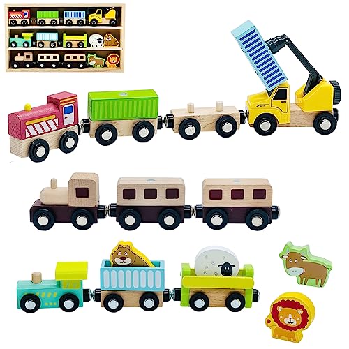 Wooden Trains Cars with Crane Magnetic Train 10pcs Wooden Train Toys with Animals for Wooden Train Tracks Train Sets for Toddlers and Kids Ages 3+ - WoodArtSupply