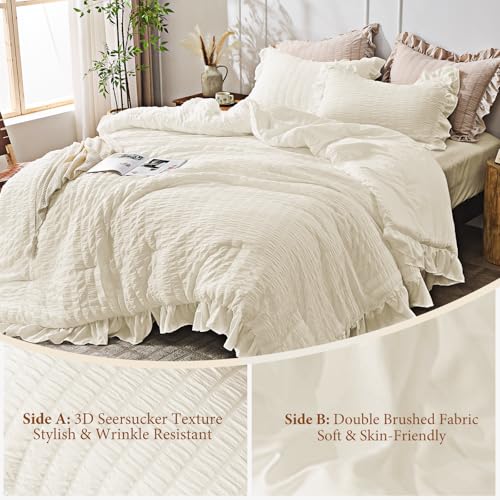JOLLYVOGUE Ivory Twin Size Comforter Set, 2 Pieces Seersucker Lightweight Fluffy Bedding Set, Twin Ruffle Comforter, All Season Soft Microfiber Shabby Chic Bed Set JOLLYVOGUE