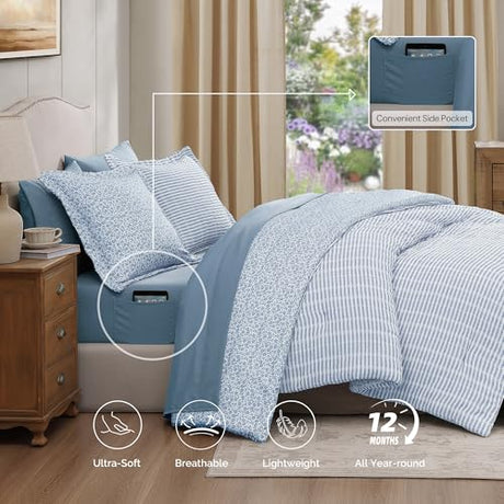 BLOOMHAVEN Queen Comforter Set - 7 Pieces Blue Gauze Muslin Bedding Sets for All Seasons, Lightweight Breathable Bed in a Bag Queen with Revesible Farmhouse Comforter, Sheets, Pillowcases & Shams BLOOMHAVEN