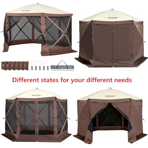 VEVOR Pop Up Gazebo Screen Tent, Pop-Up Instant Gazebo Tents with Mosquito Netting Outdoor Canopy, 6 Sided Sun Shelter 10x10ft with 6 Removable Wind Cloths & 2 Mesh Windows, Pavilion Tent for Patio VEVOR
