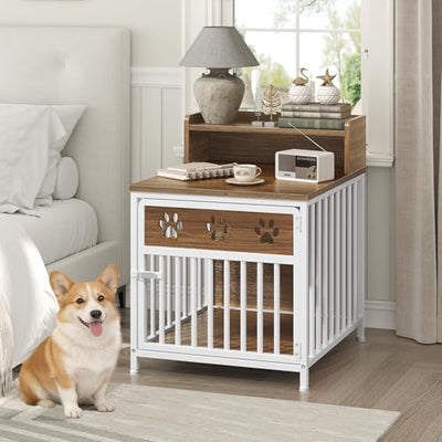 YATINEY Dog Crate Furniture for Small Dogs, Wooden Dog Kennel, Indoor Pet Crate End Table, Two-Tier Small Pet Crate, for Living Room, Bedroom, White and Walnut DC01WH