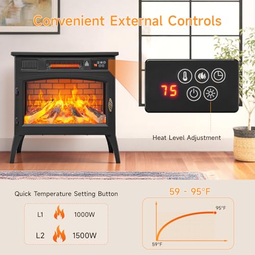 24″ Freestanding Electric Fireplace Stove with 3D Flame Effect and 6 Flame Color, 1000/1500W Infrared Fireplace Stove, 5200 BTU Electric Fireplace Heater with Remote and Timer for Indoor, Black ONBRILL
