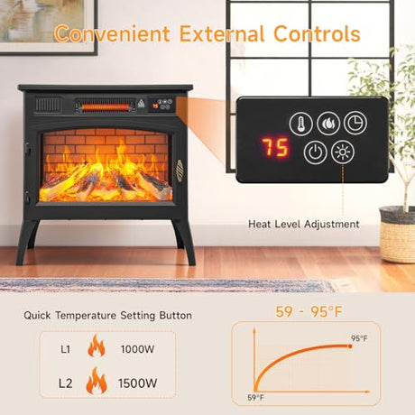 24″ Freestanding Electric Fireplace Stove with 3D Flame Effect and 6 Flame Color, 1000/1500W Infrared Fireplace Stove, 5200 BTU Electric Fireplace Heater with Remote and Timer for Indoor, Black ONBRILL