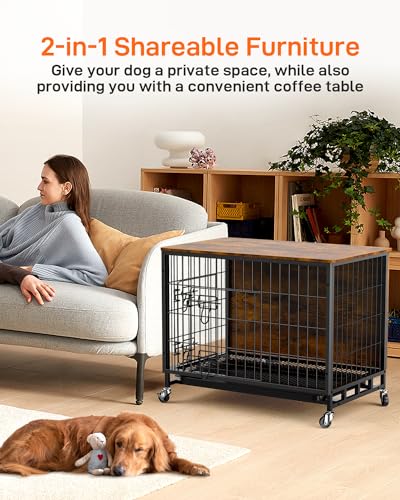 Dog Crate Furniture, 27.2" Double-Doors Dog Kennel Indoor with Removable Tray and Wheels, Wooden Dog Crates for Small Dogs, Dog Kennel Furniture, Decorative Dog Cage End Table, Rustic Brown GAOMON