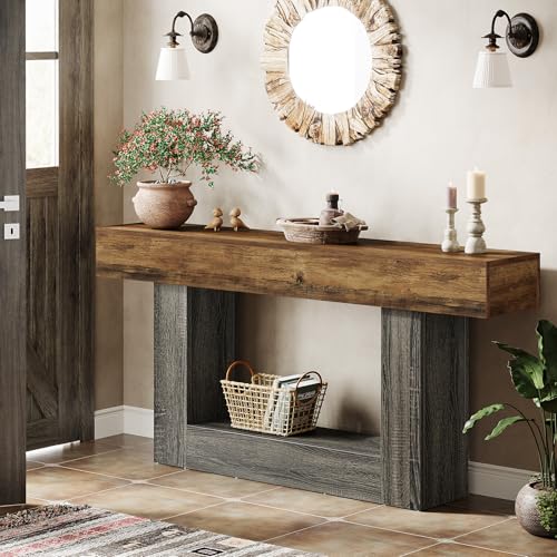 Tribesigns 63" Console Table, Farmhouse 2-Tier Entryway Table with U-Shaped Base, Narrow Long Wood Sofa Table Behind Couch Table for Living Room, Hallway, Foyer, Vintage Brown & Gray Tribesigns