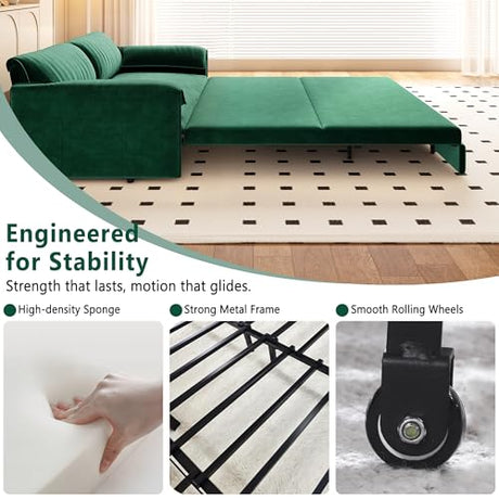 UPYOOE 63.8" Futon Sofa Bed Queen Size, Pull Out Bed, 3-in-1 Convertible Sleeper Sofa with Side Pocket, Modern Velvet Futon Couch for Living Room, Small Space, Apartment, Bedroom, Green UPYOOE