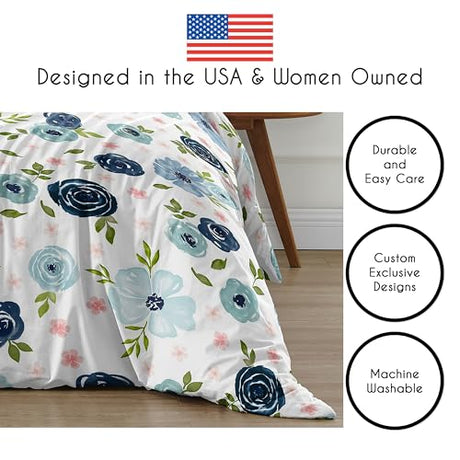 Sweet Jojo Designs 2-Piece Twin Comforter Set (Blue/Pink Boho Floral) for Girls, Kids, Teen, College Bed Room incl. Single Size Bedding & Sham (Watercolor, Flower, Elegant Rose, Farmhouse, Blush Navy) Sweet Jojo Designs