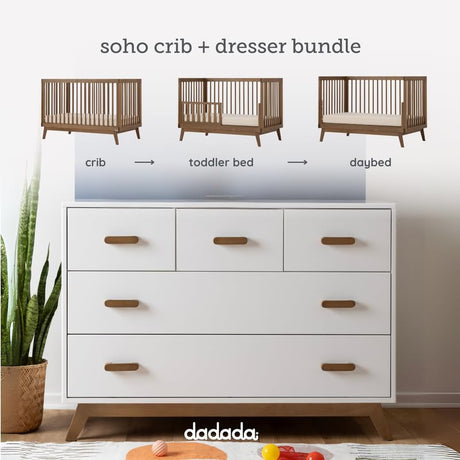 dadada Soho Baby Nursery Furniture Set. Baby Crib and Dresser Set Combo. Soho 3-in-1 Convertible Crib and Matching 5 Drawer Dresser. Walnut Beechwood dadada