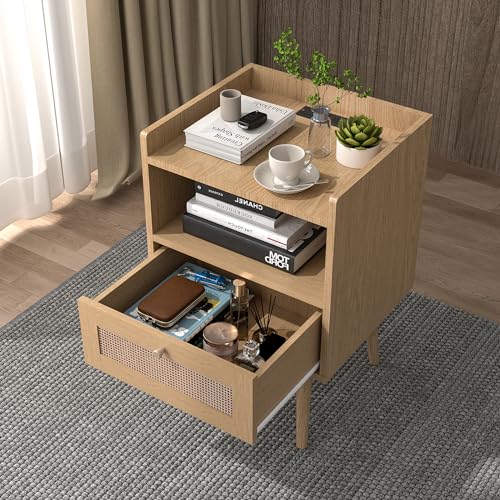 MECHYIN Rattan Nightstands, Bedside Tables with Charging Station, Rattan Drawers Nightstands, Rattan End Table with Solid Wood Feet, Side Table Nightstands sets for Bedroom - Natural MECHYIN