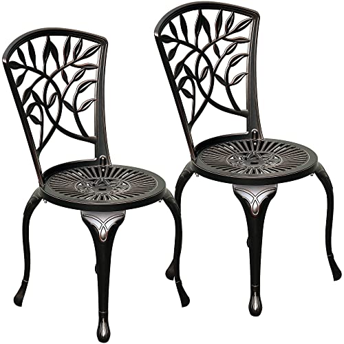 DWVO Outdoor Cast Aluminum Outdoor Chairs Set of 2, All-Weather Patio Dining Chair with Adjustable Feet for Balcony, Backyard, Deck, Garden, Hammered Bronze - WoodArtSupply