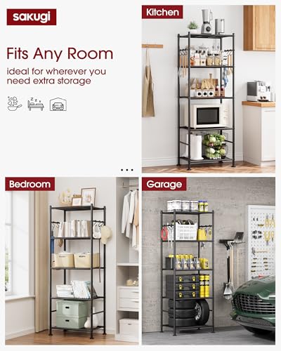Sakugi Storage Shelves - 5-Tier Large Capacity Shelf Organizer with Hooks, Heavy-Duty Garage Shelving with Leveling Feet, Wobble-Free Rack for Bedroom, Balcony, Garage, 18.1"×12.4"×56.8", Black Sakugi