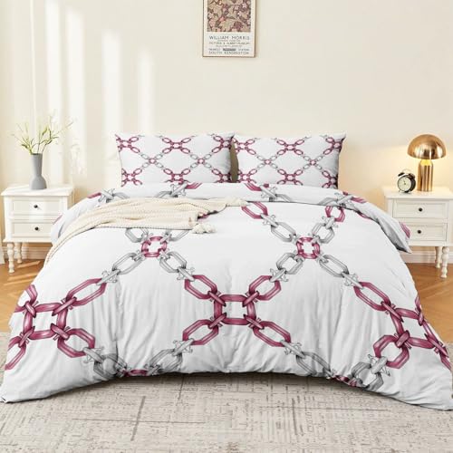 Double Sided Printed Bedding with Minimalist Chain Modern - Ultra Soft Microfiber Duvet Cover Set Single Durable Zipper Closure, Comfortable Quilt Cover for Bedroom Décor White Generic