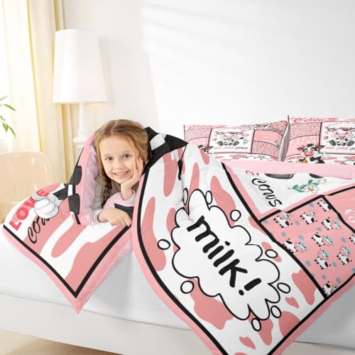 Feelyou Cow Bedding Set for Girls Boys Pink Milk Cow Comforter Set Cute Animal Comforter Room Decor Farmhouse Duvet Set Queen Size Quilt Boys Feelyou