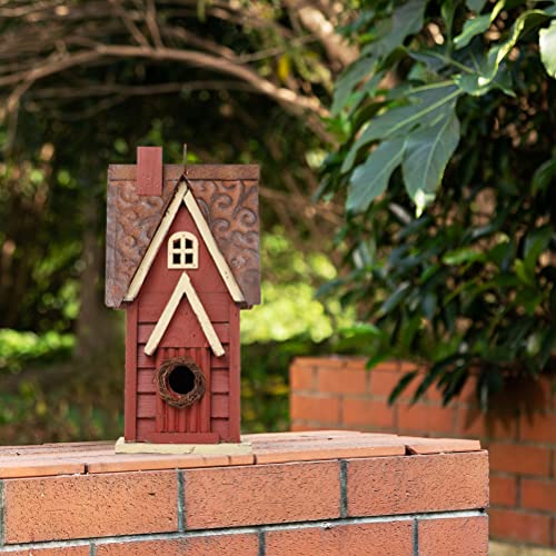 Glitzhome 12" H Distressed Red Cottage Solid Wood Birdhouse Hanging Bird House for Outdoors glitzhome