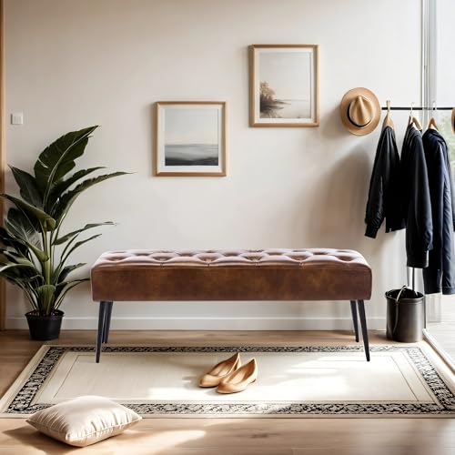 DUHOME Button-Tufted Ottoman Bench, Upholstered Bedroom Benches Leather Footrest Stool Accent Bench for Entryway Dining Room Living Room Bedroom End of Bed, Yellowish Brown DUHOME
