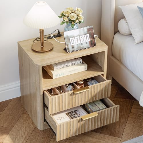 IRONCK Fluted Night Stand Set of 2, Modern Nightstand with Charging Station, Drawers and Open Shelves - Bedside Table Wood Side Table Set for Bedroom IRONCK