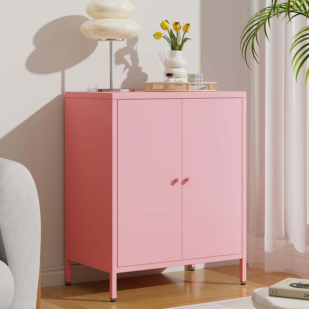 Fumedo Small 2 Transparent Door Metal Storage Side Buffet Cabinet for Bed Room,Living Room,Entryway,Hallway,Home,Hotel,Office,Garage,Kitchen,1 Removable Shelf. (Metal Door, Pink) Fumedo