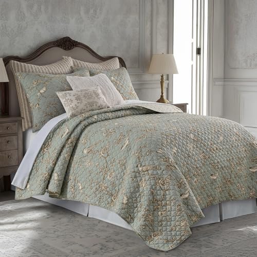 Levtex Home - Lyon Teal Quilt Set - Twin/Twin XL Quilt + One Standard Pillow Sham - Bird Toile - Teal, Brown, Cream - Quilt Size (68x86in.), Sham Size (26x20in.) - Reversible - Cotton Fabric Levtex Home