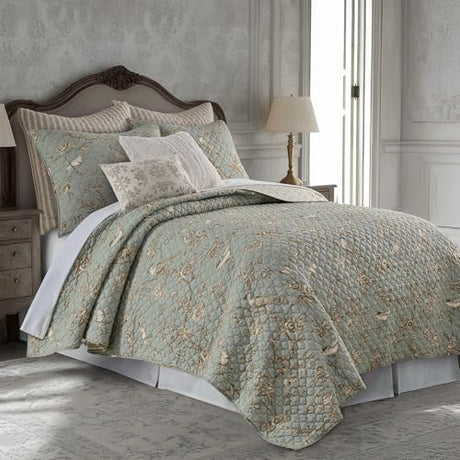 Levtex Home - Lyon Teal Quilt Set - Twin/Twin XL Quilt + One Standard Pillow Sham - Bird Toile - Teal, Brown, Cream - Quilt Size (68x86in.), Sham Size (26x20in.) - Reversible - Cotton Fabric Levtex Home