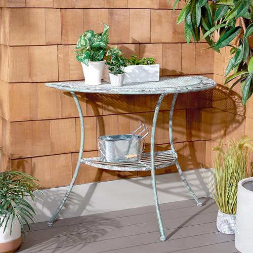 SAFAVIEH Outdoor Collection Genson Antique Dark Green Wrought Iron Half Moon Console Table SAFAVIEH
