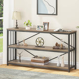 LVB Rustic Oak Industrial Console Sofa Table with 3-Tier Shelving for Entryway and Foyer LVB