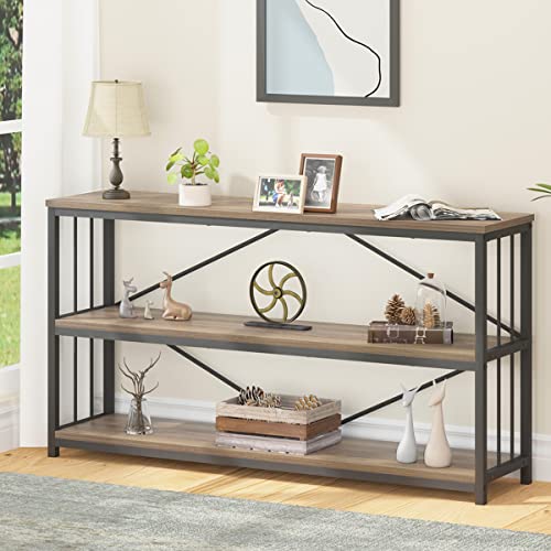 LVB Rustic Oak Industrial Console Sofa Table with 3-Tier Shelving for Entryway and Foyer - WoodArtSupply