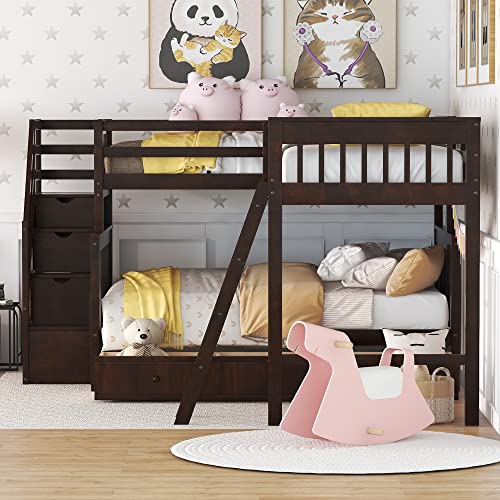 TMAXX Quad Bunk Bed Twin Over Twin Wood L-Shaped Bunk Bed Compatible with 4 Boys Girls Teens, Gray ，Queen Bed, Espresso, YY-991 TMAXX