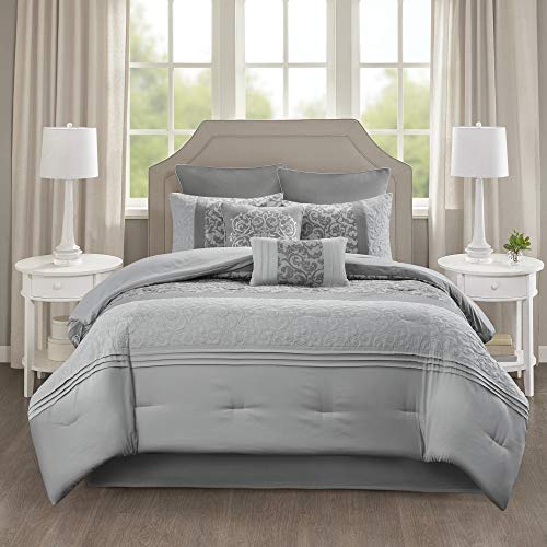 510 DESIGN Luxe Quilted Comforter Set Modern Transitional Design, All Season Down Alternative Warm Bedding Matching Shams, Bedskirt, Decorative Pillow, Cal King, Ramsey Damask Grey