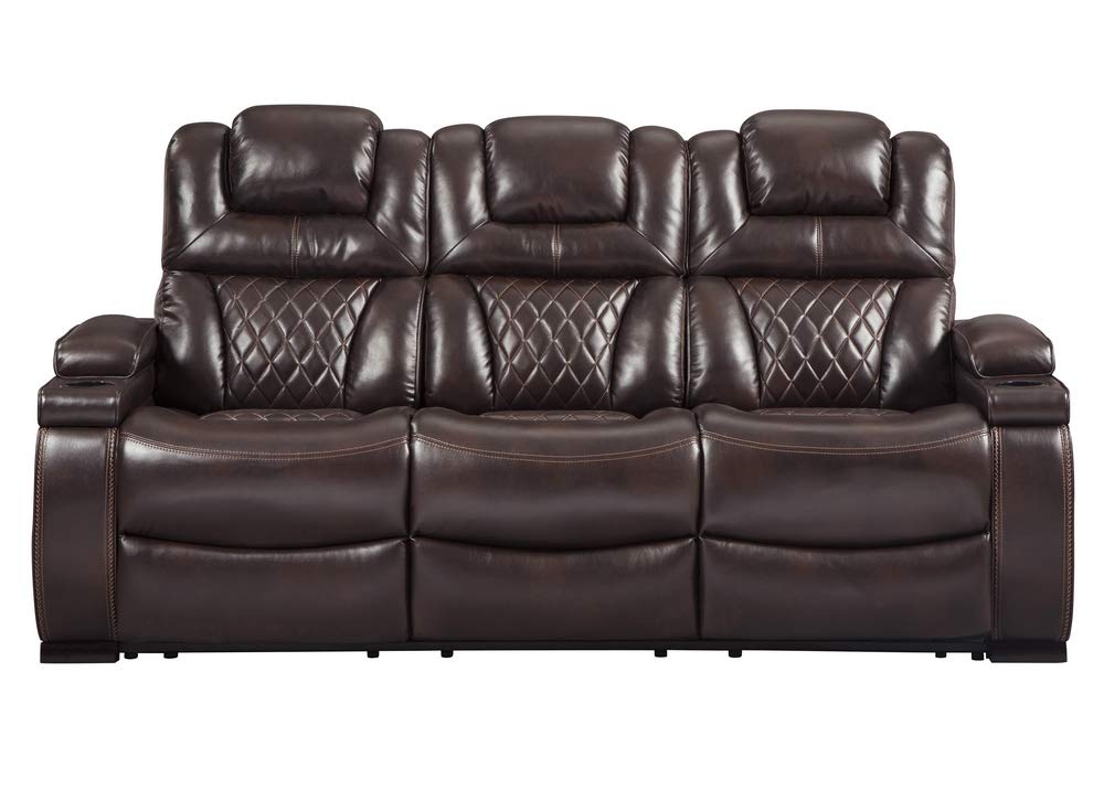 Signature Design by Ashley Warnerton Faux Leather Power Reclining Sofa with Adjustable Headrest, Brown