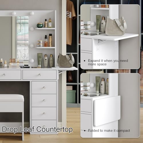 FUSOU Vanity Desk with Power Outlet, 11 Drawers Makeup Vanity with Lighted Mirror, 3 Colors Adjustable, Glass Top Vanity with Chair, 4 Shelves and Fold-up Panel, Dressing Table for Bedroom, White FUSOU