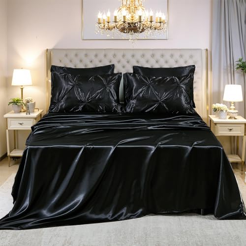 Bedbay Black Comforter Set Queen Size,10-Piece Satin Comforter Bed Set,Pinch Pleat Bedding Set,Black Pintuck Luxury Bed Comforter Set,Lightweight Silk Like Satin Bedding Comforter for All Seasons Bedbay