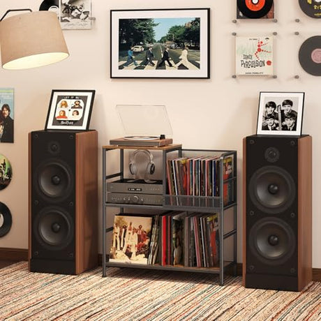 Huxitocan Record Player Stand Holds Up to 150 Albums with 4 Adjustable Dividers, Vintage Turntable Stand, End Table Vinyl Record Holder Huxitocan