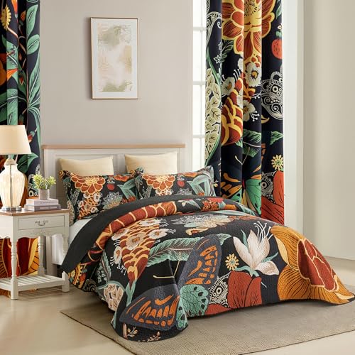 Tyrot 3 Piece Black Boho Floral Full/Queen Quilt Sets Reversible Farmhouse Botanical Lightweight Bedspread Coverlet with 2 Shams Butterfly Microfiber Bedding Quilts Set for All Season, 90''x96'' Tyrot