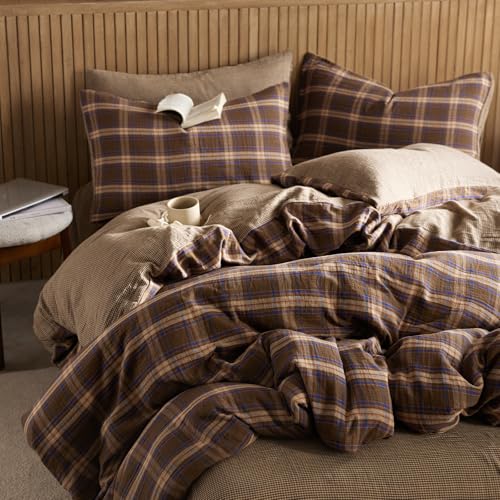 EAVD Vintage Style Brown&Blue Plaid Duvet Cover Full Soft 100% Muslin Cotton Brown Green Blue Grid Checkered Plaid Bedding Set with 2 Pillowcases Reversible Gingham Duvet Cover with Zipper EAVD