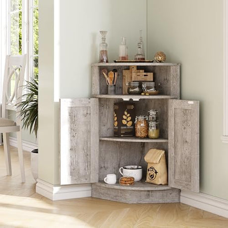 Vabches Corner Storage Cabinet, Farmhouse Small Floor Corner Cabinet with Barn Door and Adjustable Shelf, Narrow Cabinet Organizer for Bathroom,Pantry, Living Room, Kitchen, Grey Vabches