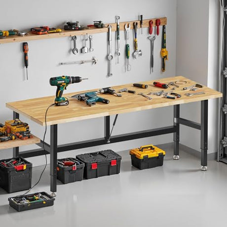 MUWOOD 72” Folding Workbench, 3000 LBS Capacity Heavy Duty Workbench, Height Adjustable Foldable Work Table, Rubberwood Collapsible Desk for Workshop, Garage, Office, Home MUWOOD