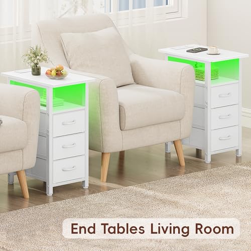Vagusicc Set of 2 White Nightstand with Charging Station and LED Lights, Narrow End Table, LED Night Stand with 3 Fabric Drawers for Bedroom, Small Bedside Table, Narrow Side Table for Small Spaces Vagusicc