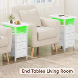 Vagusicc Set of 2 White Nightstand with Charging Station and LED Lights, Narrow End Table, LED Night Stand with 3 Fabric Drawers for Bedroom, Small Bedside Table, Narrow Side Table for Small Spaces Vagusicc